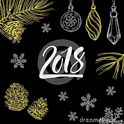 New Year 2018 hand written symbol with christmas decorations Stock Photo