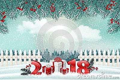 New Year holiday background with numbers 2018, gifts and winter landscape Cartoon Illustration