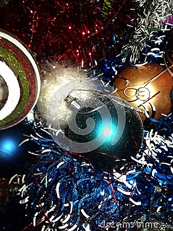 New Year holiday balls, garland and tinse Stock Photo