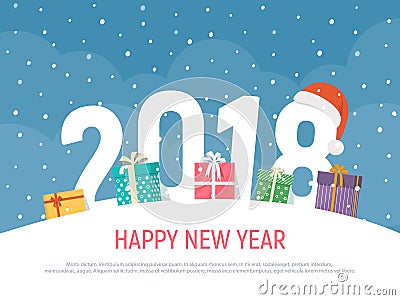 New Year 2018. Holiday winter background with gifts boxes. Christmas vector illustration in flat style Vector Illustration