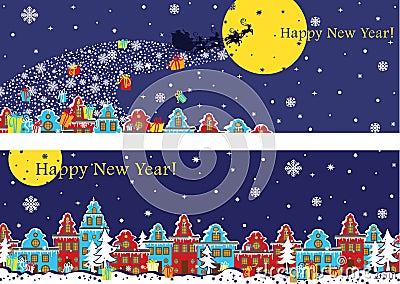 New Year horizontal banner set.Santa Claus coming to City Vector Illustration