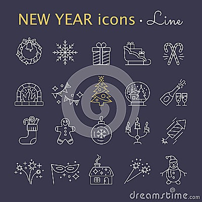 New Year icons. Christmas party elements. Vector Illustration