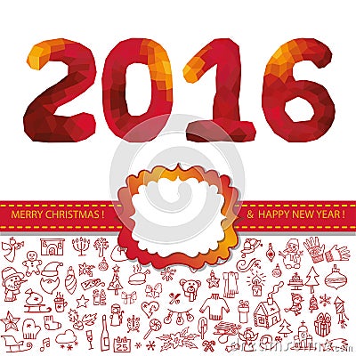 New year 2016.Icons,label,polygon numbers.Red Vector Illustration