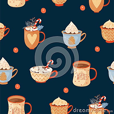 Seamless Christmas pattern with mugs of cacao with whipped cream, marshmallow; lollipop and holly leaves. Vector Illustration