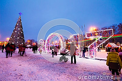 New year installations in 2017 and Christmas tree on the square. Editorial Stock Photo