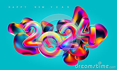 New year 2024. Iridescent colorful calendar date on bright fluid background. Vector Illustration