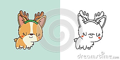 New Year Kawaii Corgi Dog for Coloring Page and Illustration. Adorable Clip Art Christmas Doggy. Vector Illustration