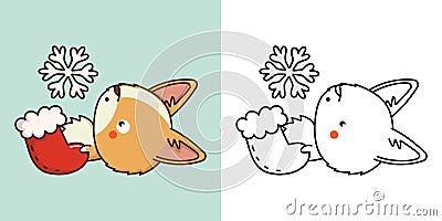 New Year Kawaii Corgi Dog for Coloring Page and Illustration. Adorable Clip Art Christmas Doggy. Vector Illustration