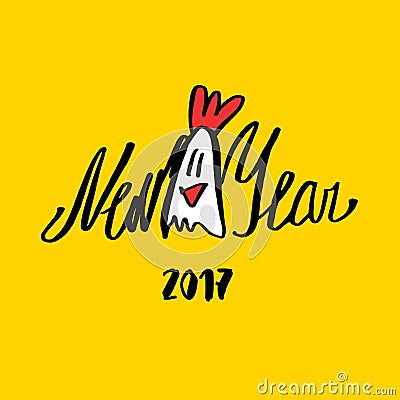 New Year Lettering text with color rooster on yellow background Vector Illustration