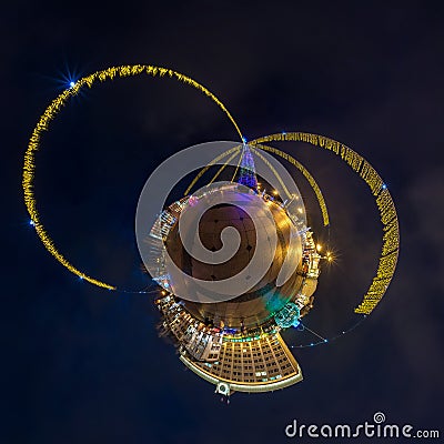 New year little planet. Spherical aerial 360 degree panorama night view on a festive square with a Christmas tree Stock Photo