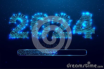 New year 2024 loading. Loading bar. Low poly style design. Numbers from a polygonal wireframe mesh. Abstract vector Vector Illustration
