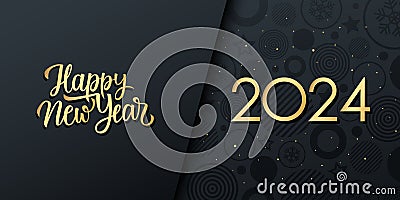 2024 New Year luxury festive banner with golden handwriting Happy New Year. Black and gold colors. Vector Illustration
