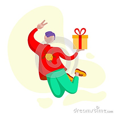 2020 New year man delivery gift for business partner. Cute boy illustration in modern colors and clothes running for Christmas par Vector Illustration