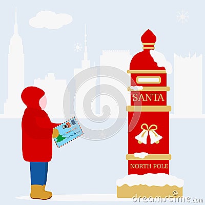 New Year 2021 Merry Christmas Santa mailbox Child Vector Illustration