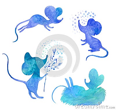 New year mice. Watercolor set of blue silhouettes isolated on white Stock Photo