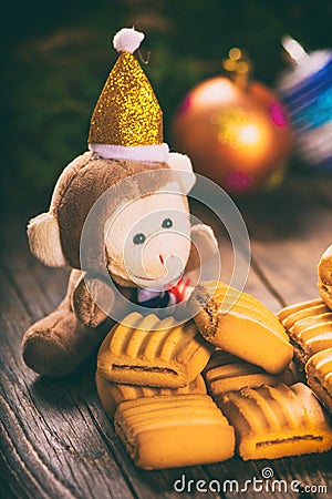 New Year monkey and Christmas butter cookies Stock Photo