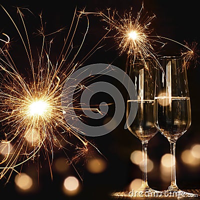 New year motif with fireworks and champagne Stock Photo