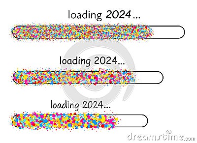 2024 New Year multicolored loading bar made of small circles on white background. Start new year 2024 with goal plan, new year Vector Illustration