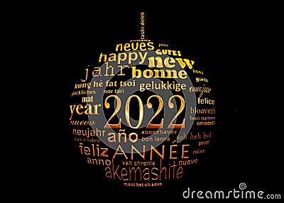 2022 new year multilingual text word cloud greeting card in the shape of a christmas ball Stock Photo