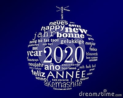 2020 new year multilingual text word cloud greeting card in the shape of a christmas ball Stock Photo