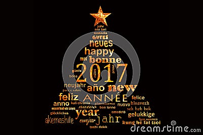 2017 new year multilingual text word cloud greeting card, shape of a christmas tree Stock Photo