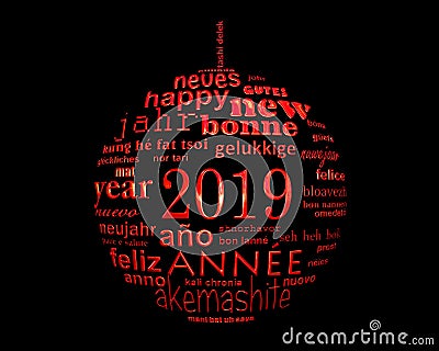 2019 new year multilingual text word cloud in the shape of a christmas ball Stock Photo