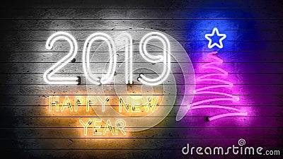 New Year 2019. Neon shapes with lights. Stock Photo