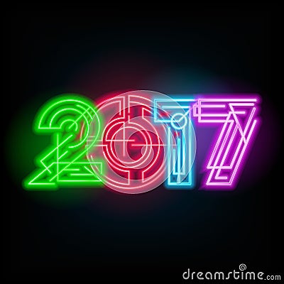 New year neon sign. 2017 text on a dark background. Vector Illustration