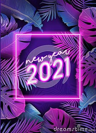 New Year neon tropic design, Disco tropical party vector poster, Christmas summer holiday flyer Vector Illustration