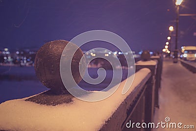 New year night in the city. Landscape, snow, street illuminatio Stock Photo