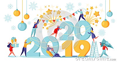 Little flat people characters preparing for the New Year. They engaged decoration for the New Year, change numbers 21019 for 2020 Vector Illustration