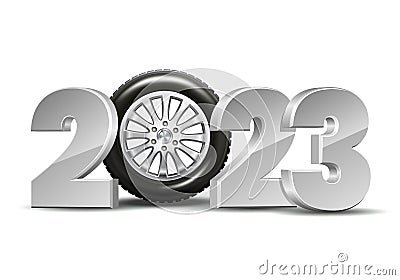 New Year numbers 2023 with car tire isolated on white background. Cartoon Illustration