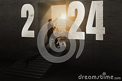 2024 new year numbers on wall, opportunity businessman standing on staircase to looking keyhole door, leader concept vision and Stock Photo