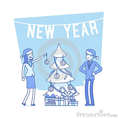 New Year office tree. Lineart concept illustration Vector Illustration