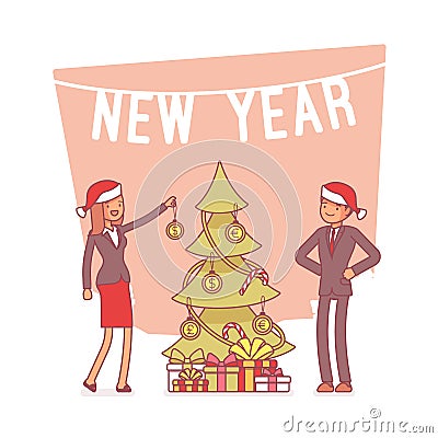 New Year office tree. Lineart concept illustration Vector Illustration