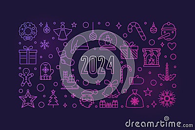New Year 2024 outline colored banner - vector Xmas horizontal illustration or Christmas poster Cartoon Illustration