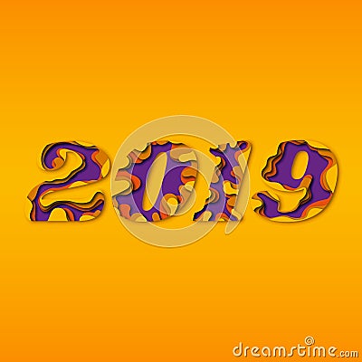 New Year 2019. Paper cut design in yellow, purple and orange colors. Vector file Vector Illustration