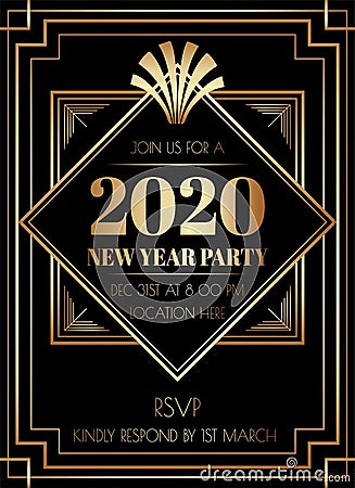 2019 New Year Party Art Deco Style Invitation Design Vector Illustration