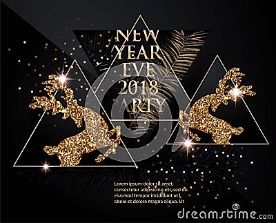 New year party banner with christmas tree branches, deer, bottles of champagne and triangles. Gold and Black. Vector Illustration