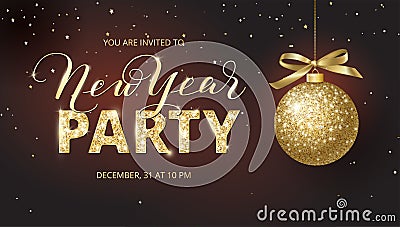 New year party banner. Sparkling golden glitter Party word. New Year calligraphy. Shiny gold glitter Christmas ball Vector Illustration