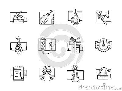 New Year party black line icons set Stock Photo