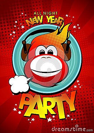 New year party design with hot monkey in earphones. Vector Illustration