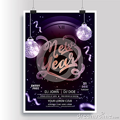 New Year Party Flyer Design with Clock and Hanging Shiny Disco Balls on Lighting Effect Stock Photo