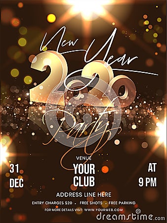 New Year Party Flyer Design with 3D Golden 2020 Text and Event Details on Brown Bokeh Lighting Effect. Editorial Stock Photo
