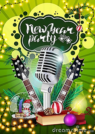 New Year Party, green poster in graffiti style with guitars, microphone and snow globe Vector Illustration