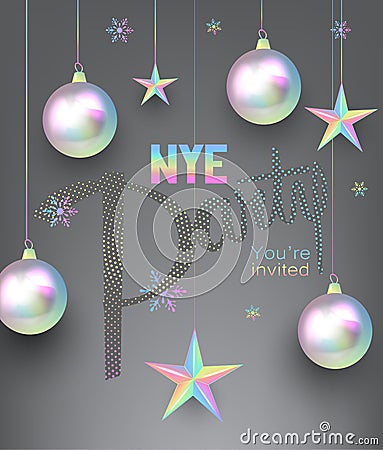 New year party invitation card with pearl colored christmas design elements. Vector Illustration