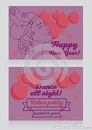 New year party invitation in retro style with beautiful flapper woman profile Vector Illustration