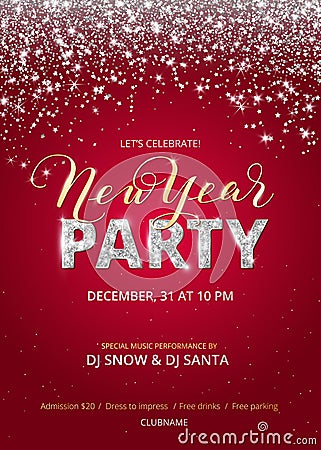 New year party poster. Sparkling silver glitter Party word. New year gold calligraphy. Falling silver glitter on red Vector Illustration