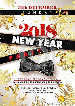 New Year 2018 party promotional poster with black silk bow Vector Illustration