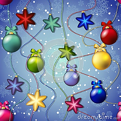 New year pattern with Christmas tree toys. Ball and star. Beads garland Vector Illustration